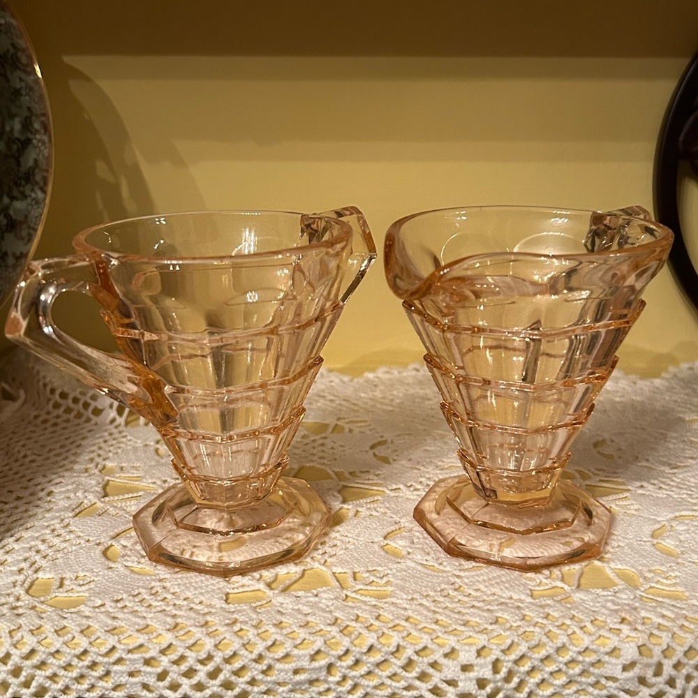 Vintage Indiana Glass Pink Depression Glass Art Deco Creamer and Sugar dish Set
